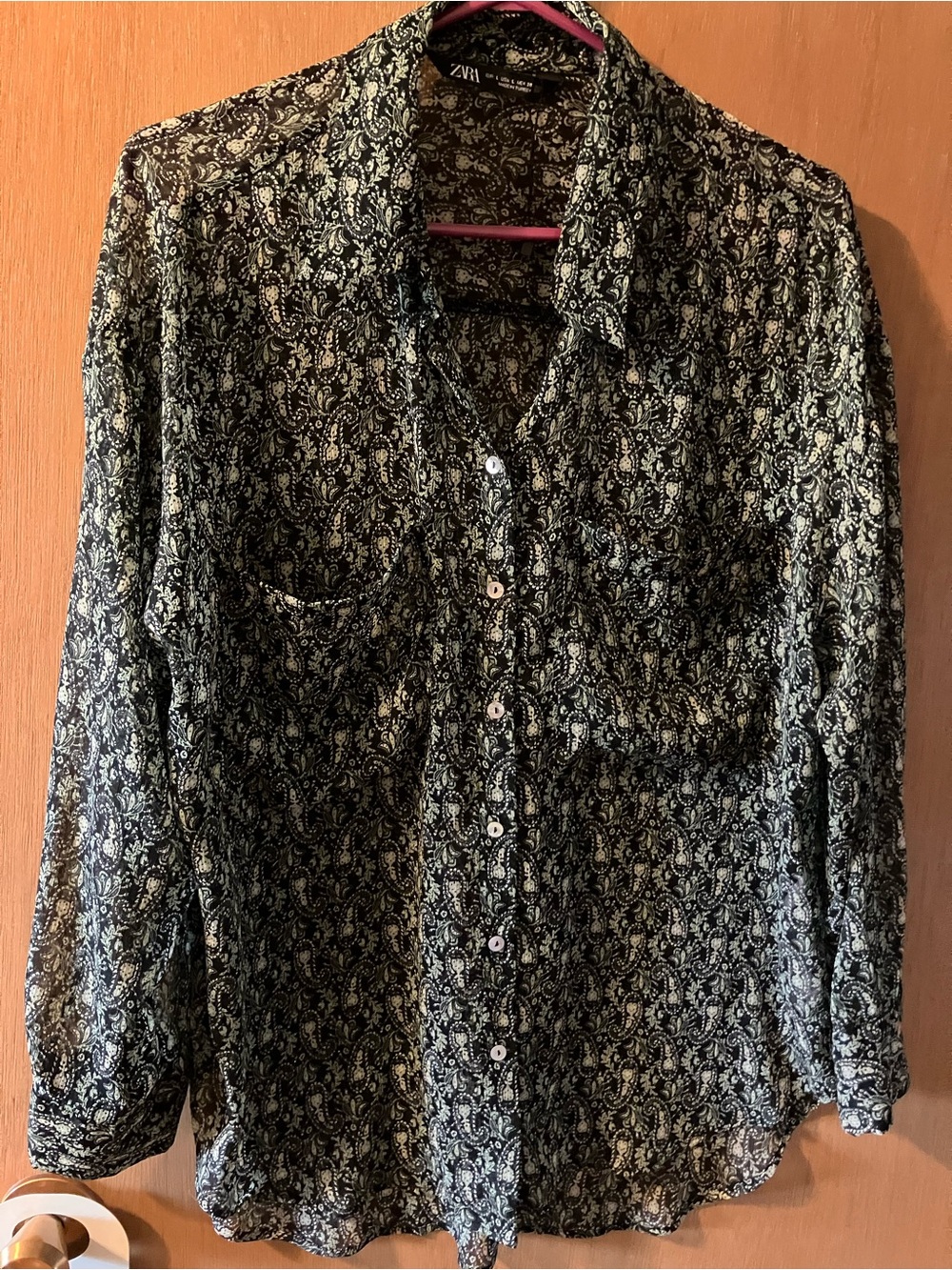 Zara Black and Cream Paisley Button-Down Blouse